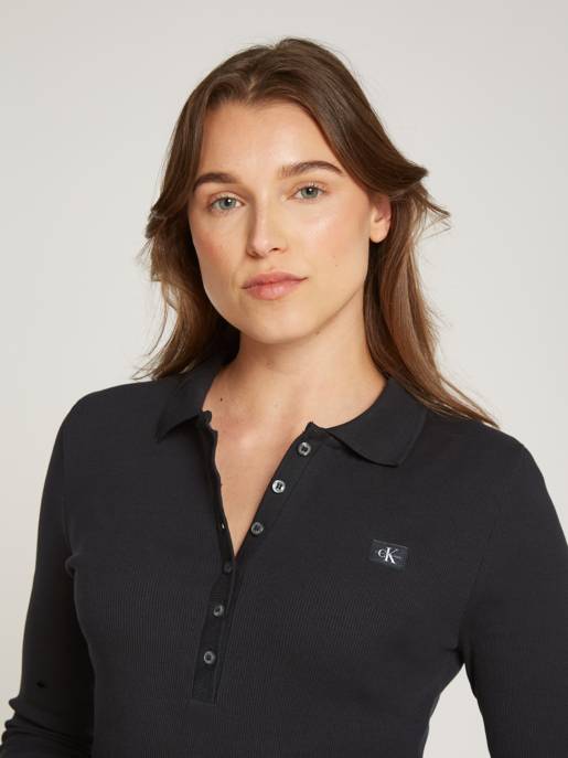 CALVIN KLEIN JEANS WOVEN LABEL RIB POLO LS DRESS Letzte 2 Tage