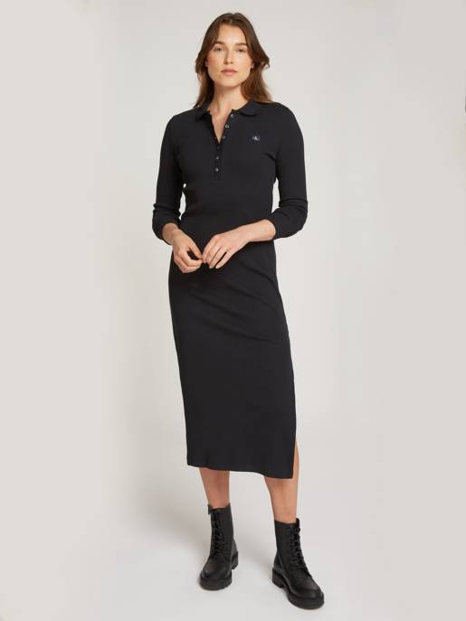CALVIN KLEIN JEANS WOVEN LABEL RIB POLO LS DRESS Letzte 2 Tage